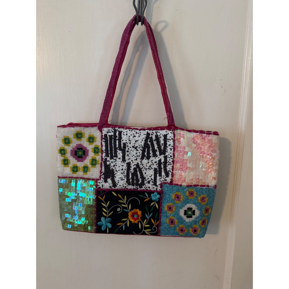 Boho Patchwork Beaded Sequin Tote Bag Pink Floral Embroidery Shoulder Bag